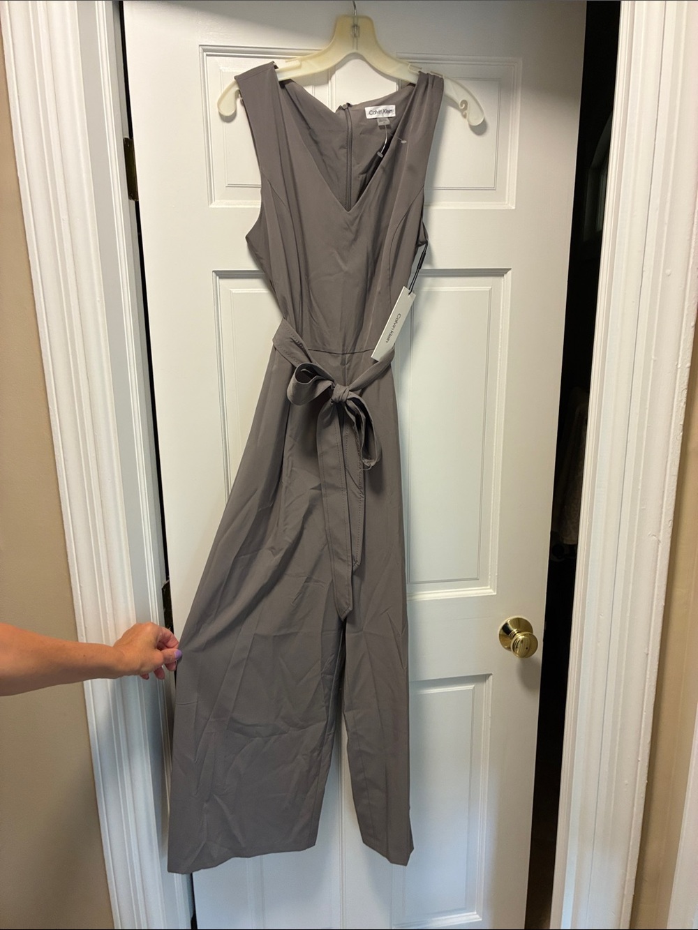Calvin Klein Sleeveless V-Neck Wide-Leg Jumpsuit in Gray Taupe